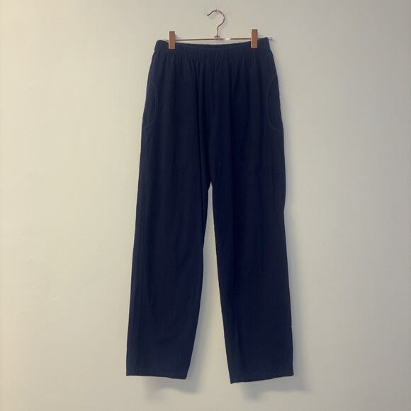 Women’s Sz Medium Linen Pants Navy Blue Pockets Stretchy Waist Cotton Beachy - Picture 1 of 9